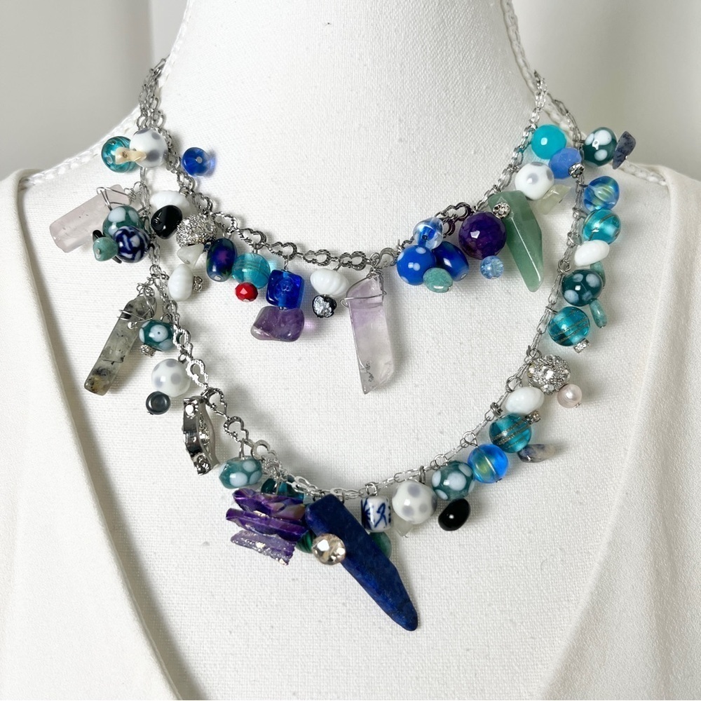 One-of-a-Kind Vintage Revival Silver Chain Charm Necklace with Beads & Gems